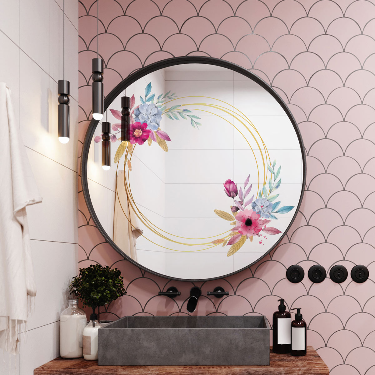 Sticker fleurs et cercles effet aquarelle pour miroir – Stickers