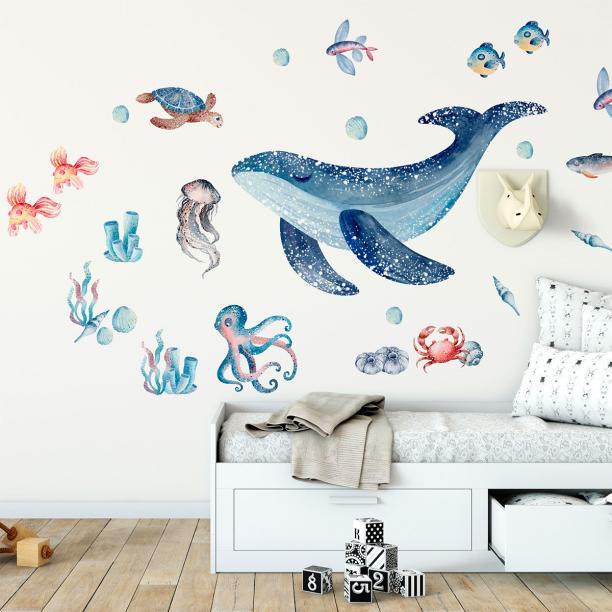 Sticker mural enfant baleine avec des ballons